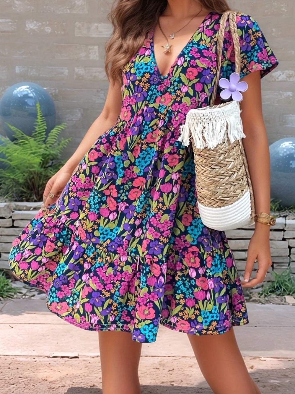 ❤️❤️SHEIN Black Floral Smocked Waist Mini Dress - NEVER WORN